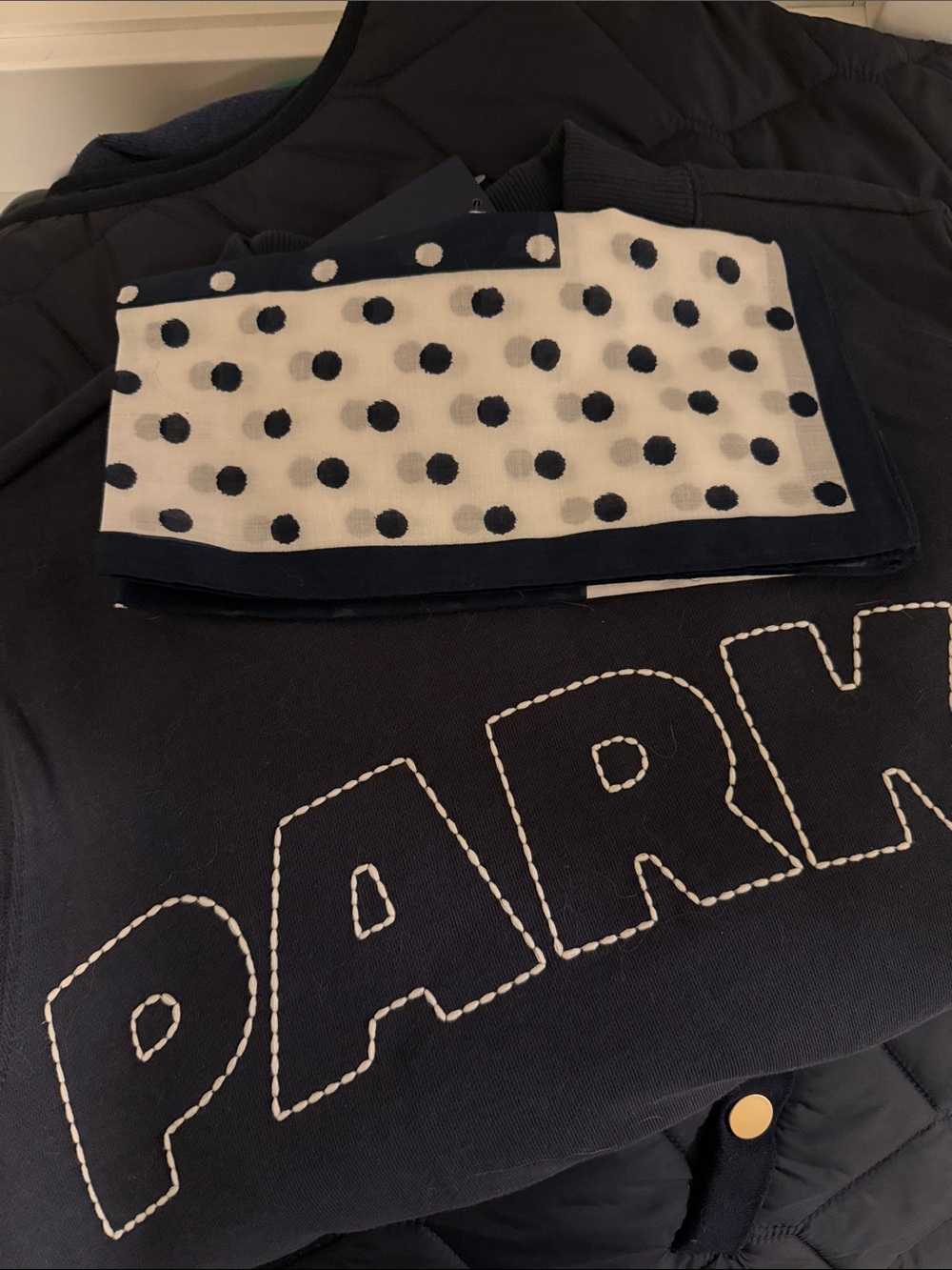 Navy and white polka dot scarf to match Parke sweatshirt